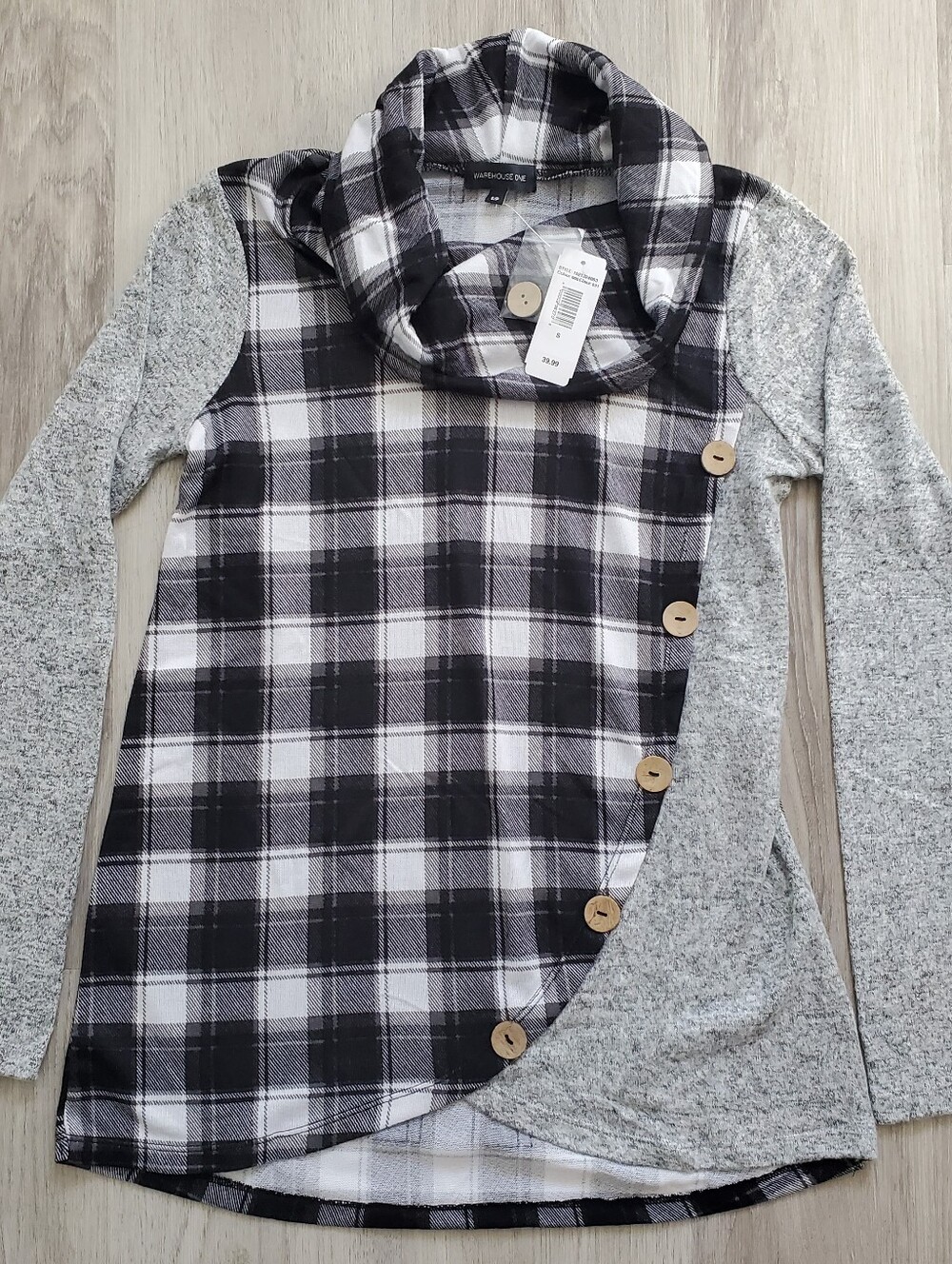 🍀2/$30🍀 Plaid & Grey Cowl Neck Tunic W/ Buttons - Warehouse One - S